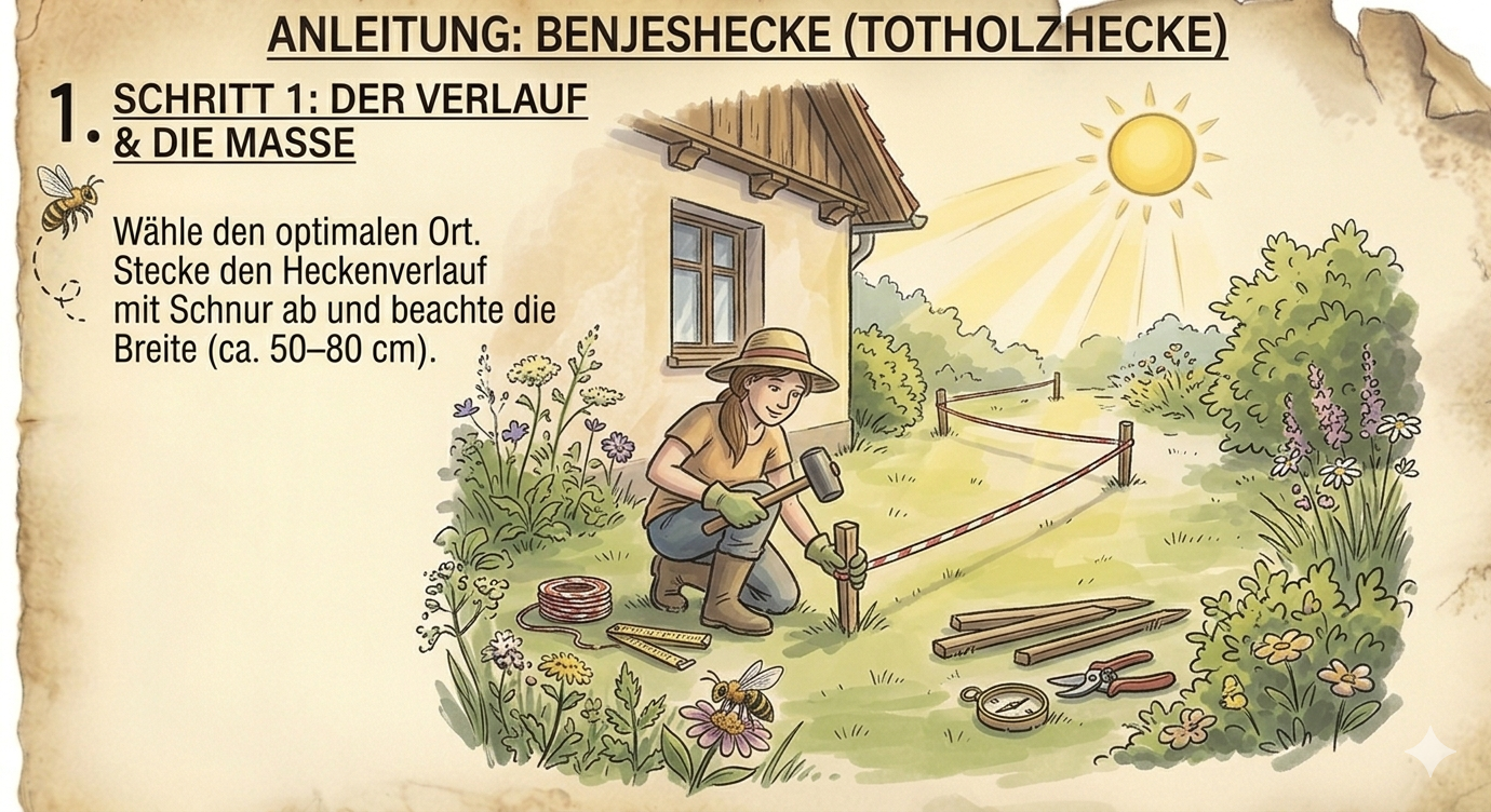Schritt 1: Der Verlauf und die Masse der Benjeshecke