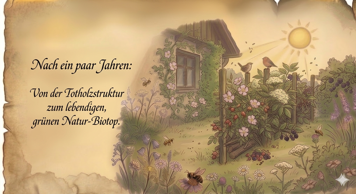 Lebendige, begrünte Benjeshecke