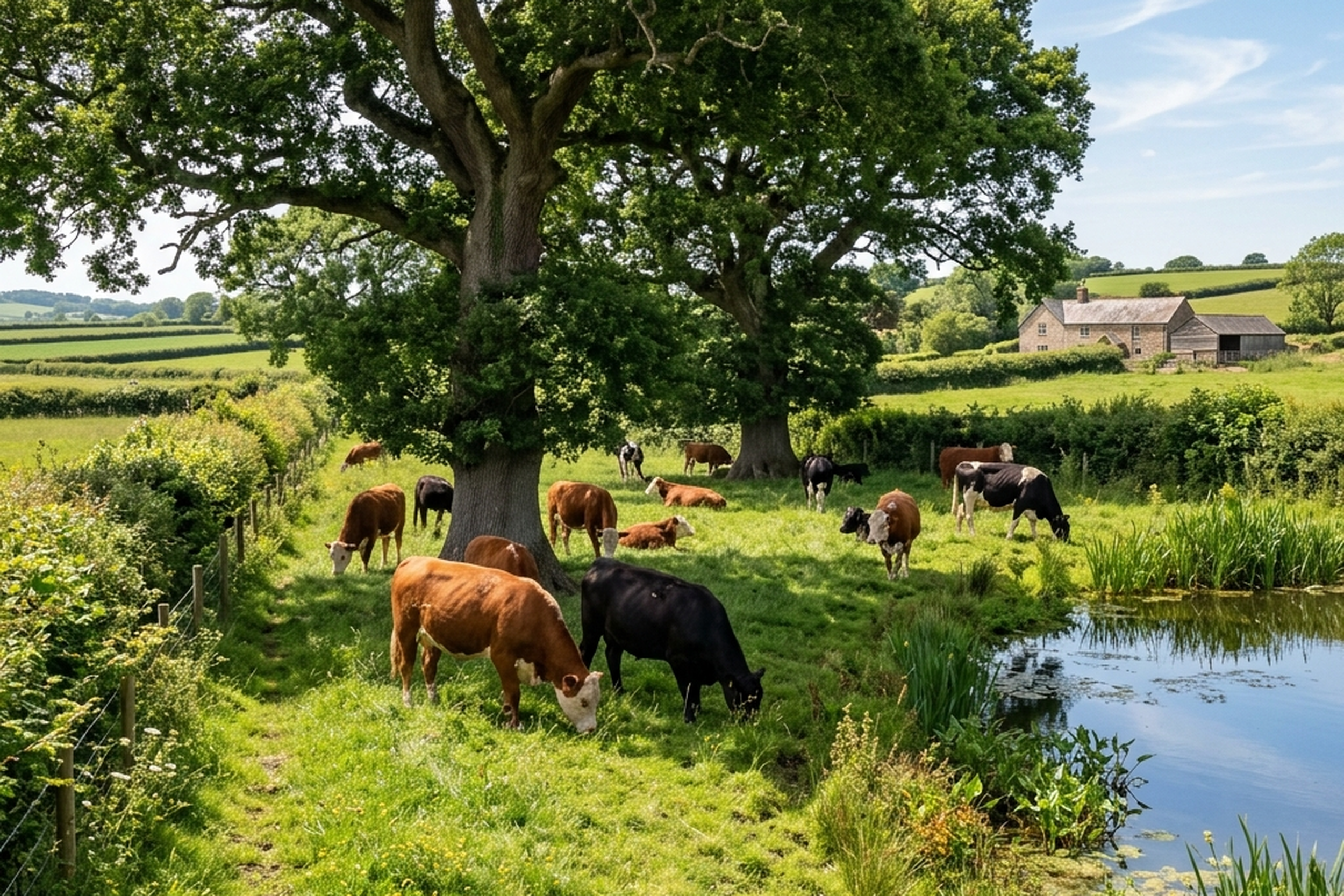 Kühe grasen glücklich im Schatten von Bäumen an einem Teich