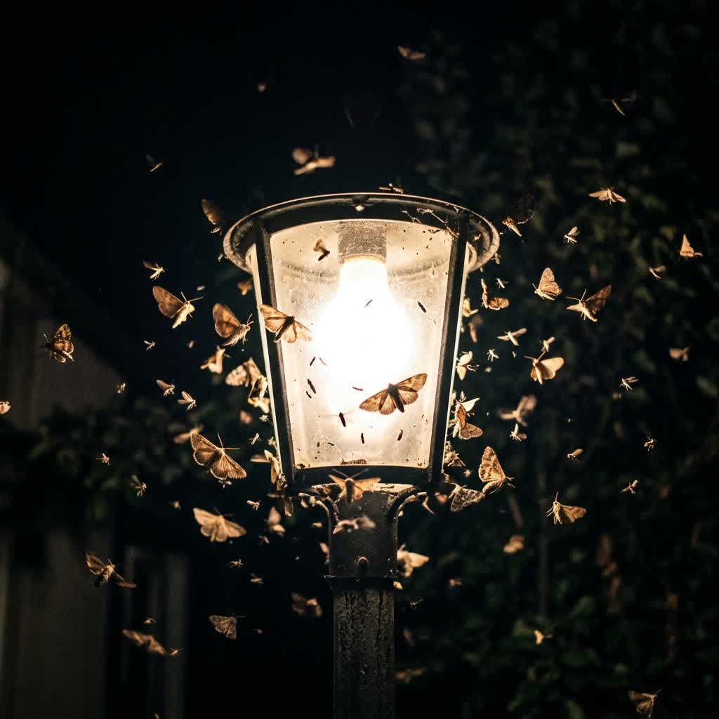 Eine Strassenlaterne in der Nacht zieht unzählige Insekten an
