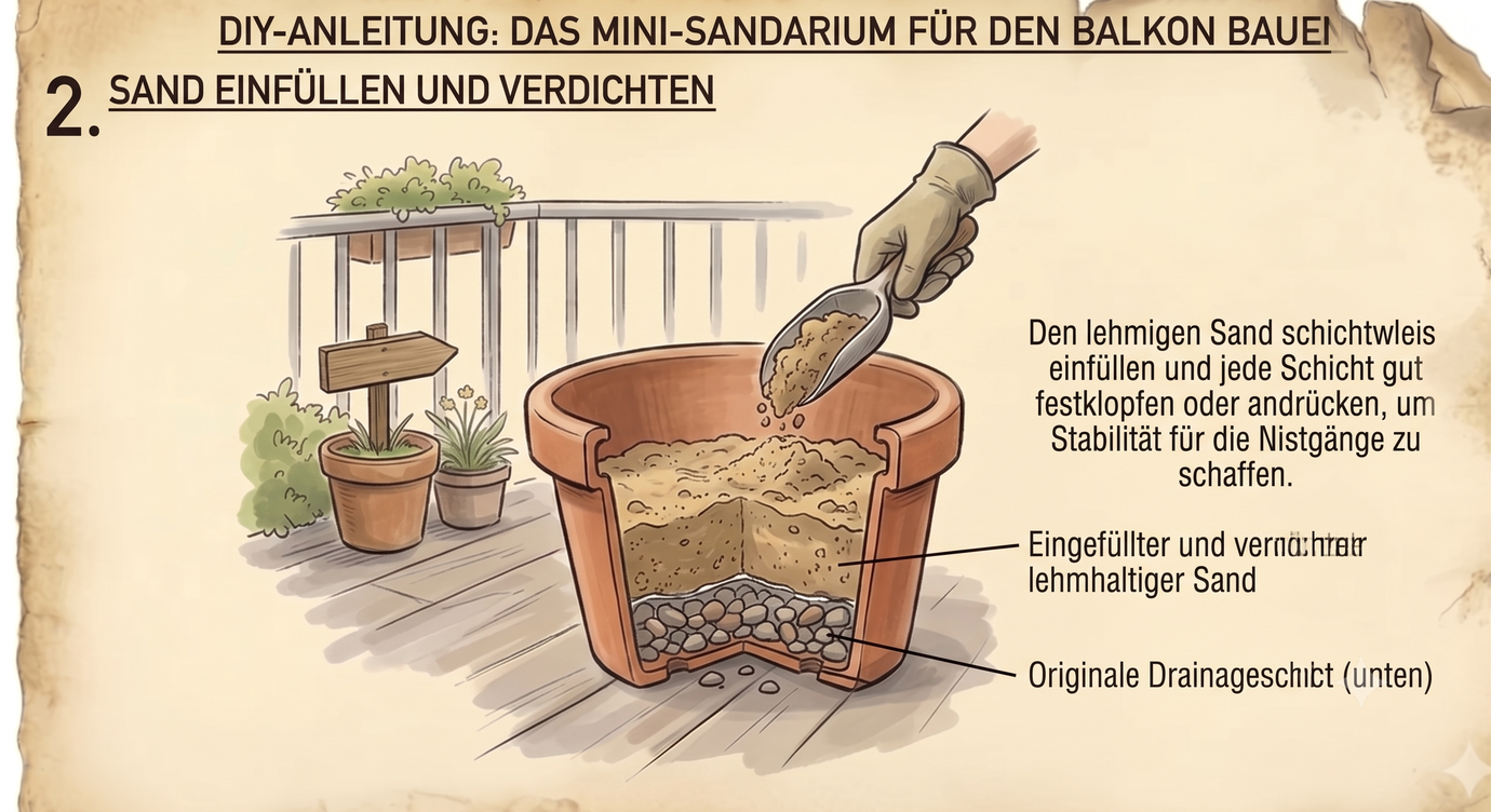 Schritt 2: Sand schichtweise einfüllen und verdichten