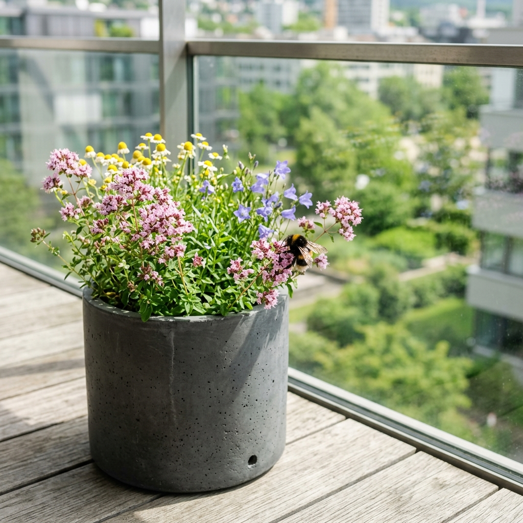 Moderner Pflanzkübel auf dem Balkon mit einheimischen Wildblumen und einer Hummel